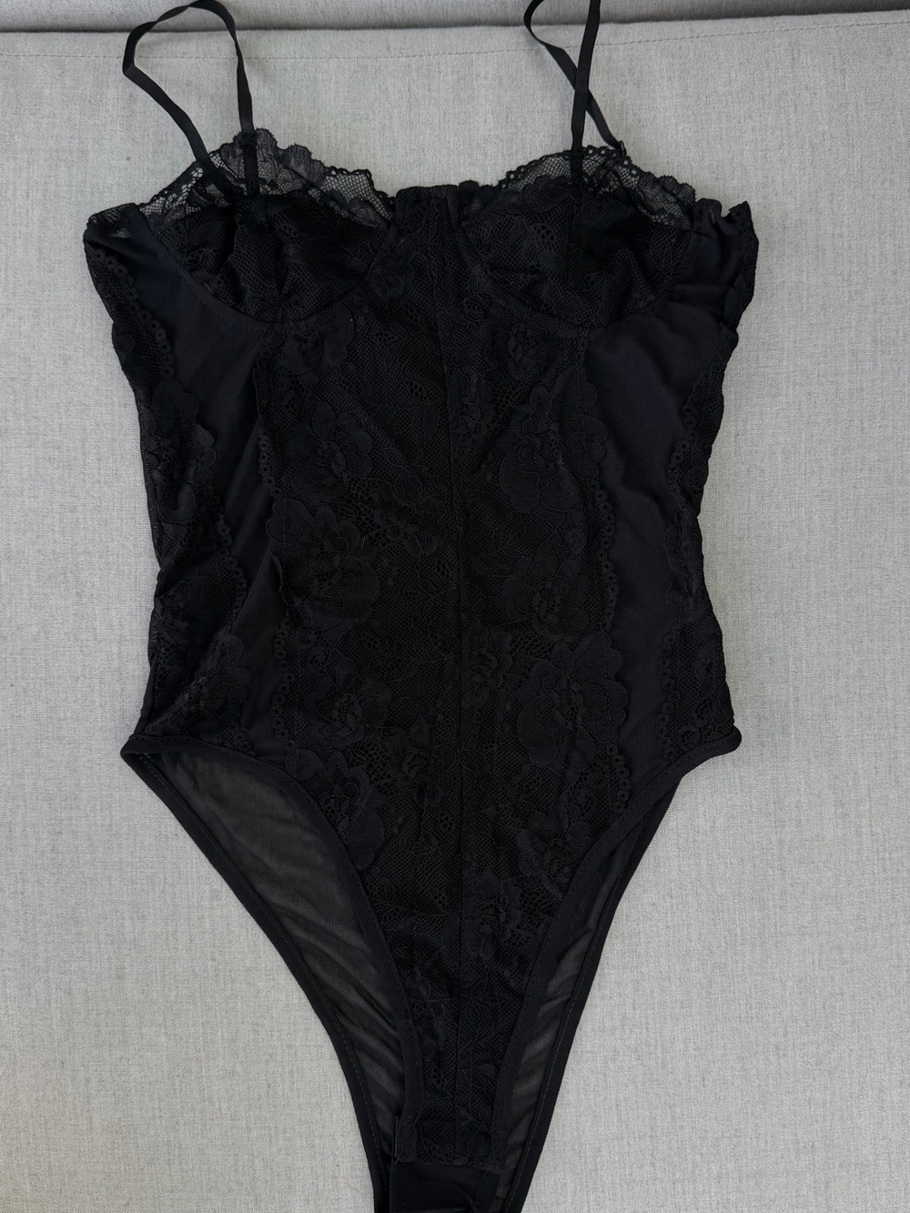 SHEIN Black Lace Mesh Bodysuit with Spaghetti Straps